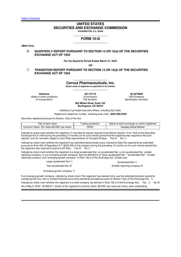 Thumbnail Corvus Pharmaceuticals
 10-Q Quarterly Report FY 