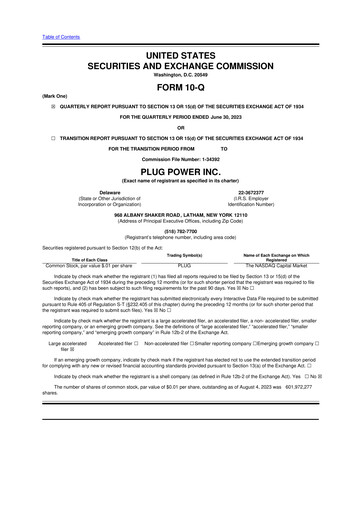 Thumbnail Plug Power 10-Q Quarterly Report FY 