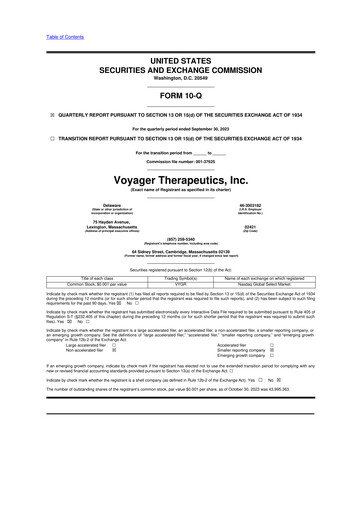 Miniature Voyager Therapeutics
 10-Q Rapport trimestriel  