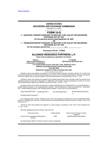 Miniature Alliance Resource Partners 10-Q Rapport trimestriel  