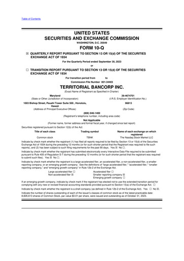 Thumbnail Territorial Bancorp
 10-Q Quarterly Report FY 