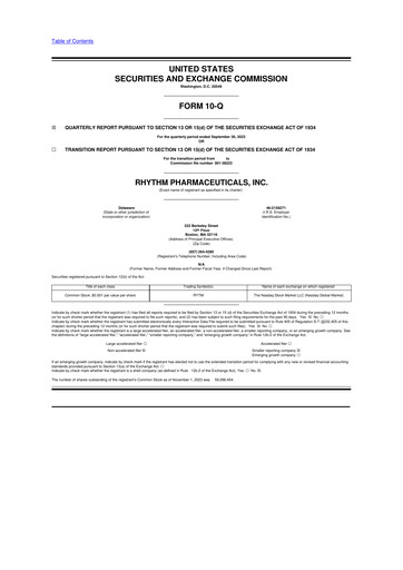 Miniature Rhythm Pharmaceuticals 10-Q Rapport trimestriel 2023 