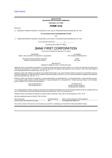 Thumbnail Bank First 10-Q Quarterly Report FY2023 