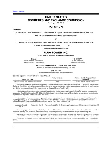 Thumbnail Plug Power 10-Q Quarterly Report FY 