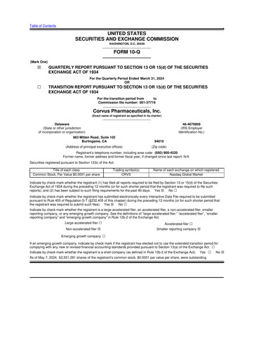 Thumbnail Corvus Pharmaceuticals
 10-Q Quarterly Report FY 