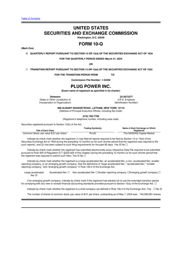 Thumbnail Plug Power 10-Q Quarterly Report FY 