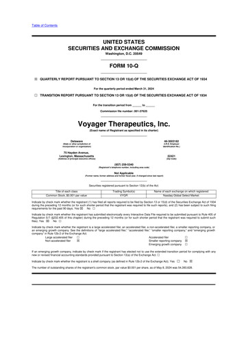 Miniature Voyager Therapeutics
 10-Q Rapport trimestriel  