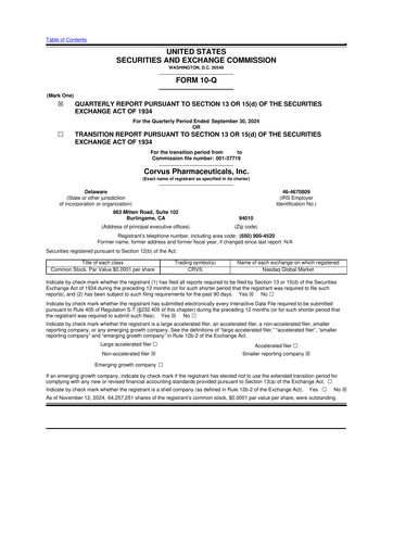 Thumbnail Corvus Pharmaceuticals
 10-Q Quarterly Report FY 