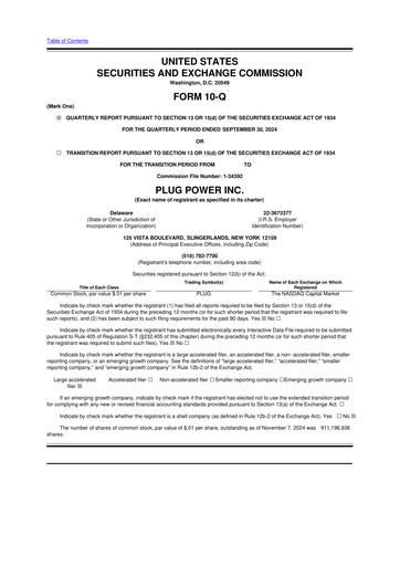 Thumbnail Plug Power 10-Q Quarterly Report FY 