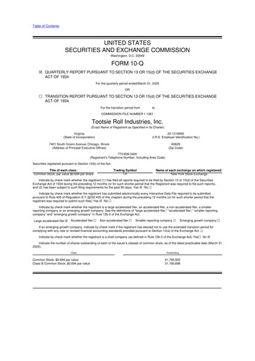 Thumbnail Tootsie Roll Industries
 10-Q Quarterly Report FY2025 