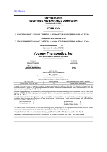 Miniature Voyager Therapeutics
 10-Q Rapport trimestriel  