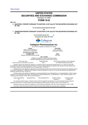 Miniature Collegium Pharmaceutical
 10-Q Rapport trimestriel 2025 