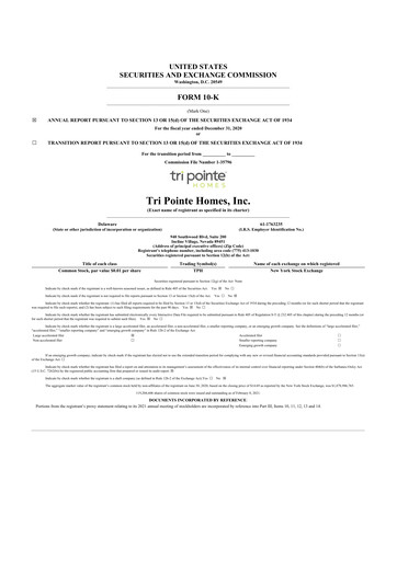 Thumbnail Tri Pointe Homes 10-K Annual Report 2020