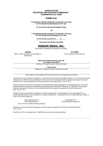 Thumbnail Remark Holdings 10-Q Quarterly Report FY2014 