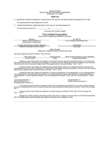 Thumbnail First United Corporation 10-Q Quarterly Report FY2019 