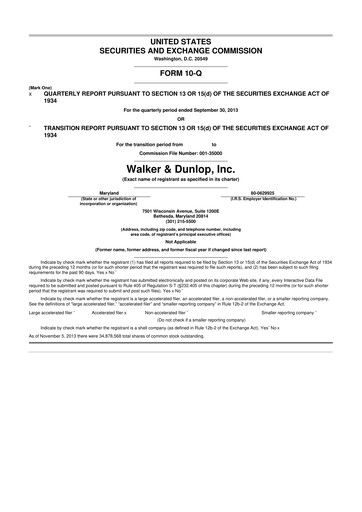 Miniature Walker & Dunlop

 10-Q Rapport trimestriel 2013 