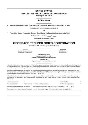 Thumbnail Geospace Technologies
 10-Q Quarterly Report FY2014 