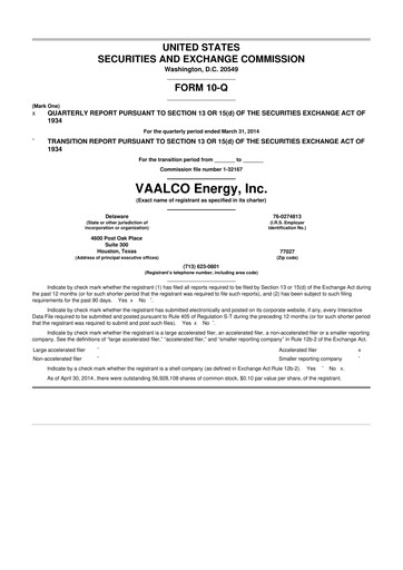 Miniature Vaalco Energy
 10-Q Rapport trimestriel  