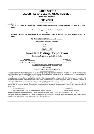 Thumbnail Investar Holding
 10-Q Quarterly Report FY2014 