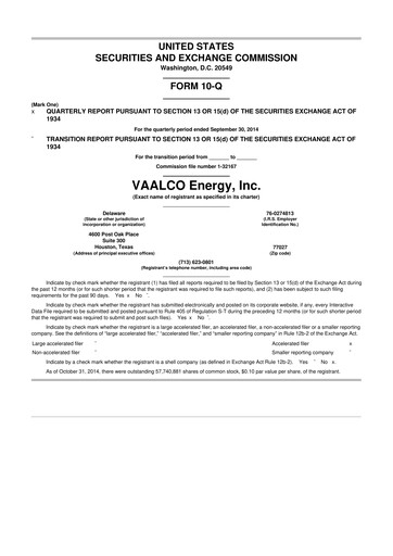Miniature Vaalco Energy
 10-Q Rapport trimestriel  