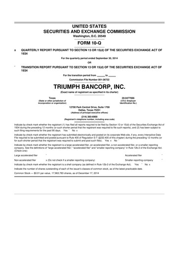 Thumbnail Triumph Financial 10-Q Quarterly Report FY2014 