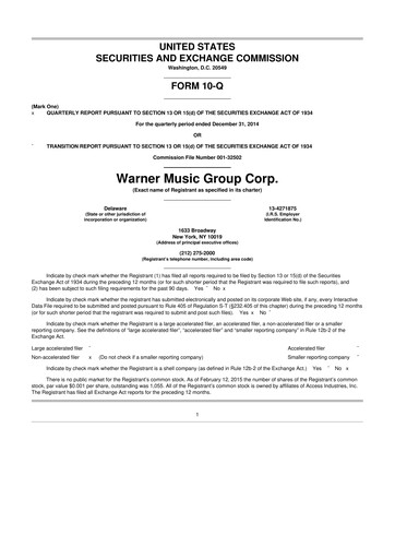Thumbnail Warner Music Group
 10-Q Quarterly Report FY2015 