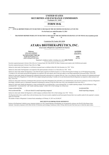 Thumbnail Atara Biotherapeutics 10-K Annual Report 2014