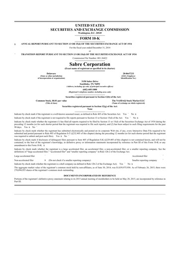 Thumbnail Sabre 10-K Annual Report 2014