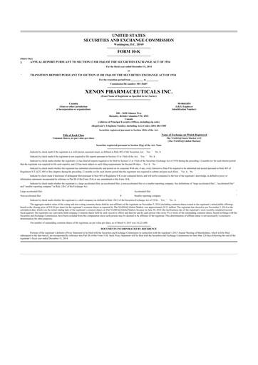 Thumbnail Xenon Pharmaceuticals 10-K Annual Report 2014