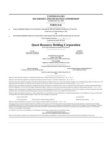 Thumbnail Quest Resource Holding 10-K Annual Report 2014