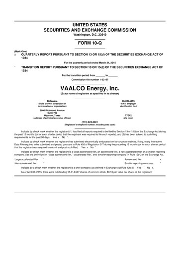 Miniature Vaalco Energy
 10-Q Rapport trimestriel  