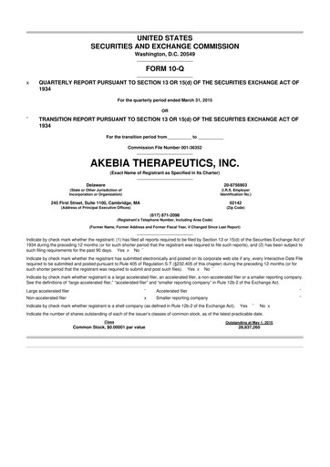 Vorschaubild Akebia Therapeutics 10-Q Quartalsbericht 2015 