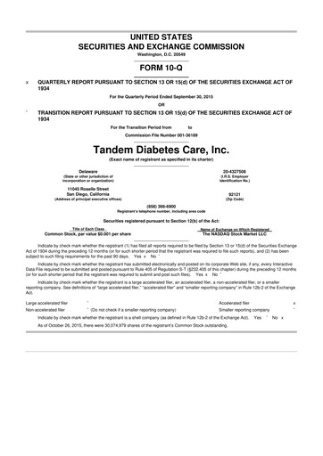 Thumbnail Tandem Diabetes Care
 10-Q Quarterly Report FY2015 