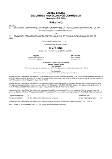 Vorschaubild NVR 10-Q Quartalsbericht 2015 