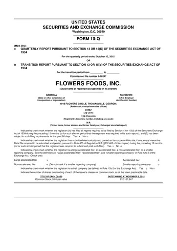 Thumbnail Flowers Foods
 10-Q Quarterly Report FY2015 