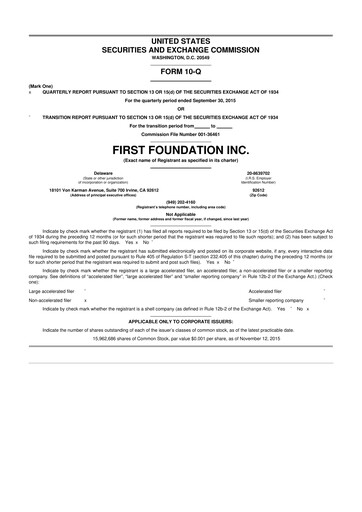 Thumbnail First Foundation
 10-Q Quarterly Report FY2015 