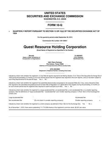 Thumbnail Quest Resource Holding 10-Q Quarterly Report FY2015 