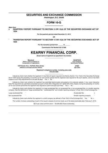 Miniature Kearny Financial
 10-Q Rapport trimestriel 2016 
