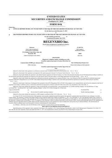 Miniature REGENXBIO 10-K Rapport annuel 2015