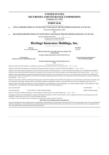 Thumbnail Heritage Insurance 10-K Annual Report 2015