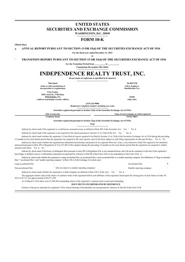 Thumbnail Independence Realty Trust
 10-K Annual Report 2015