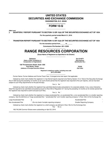 Thumbnail Range Resources
 10-Q Quarterly Report FY2016 