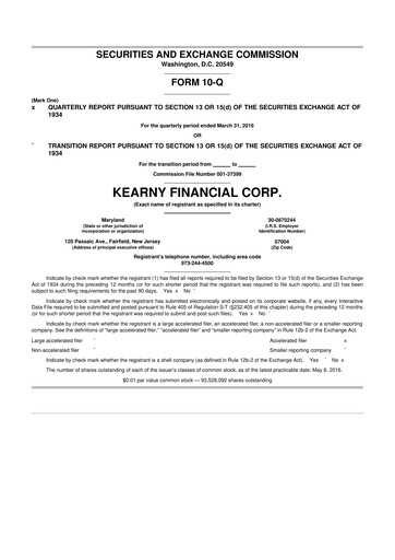 Miniature Kearny Financial
 10-Q Rapport trimestriel 2016 