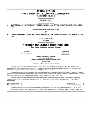 Thumbnail Heritage Insurance 10-Q Quarterly Report FY2016 