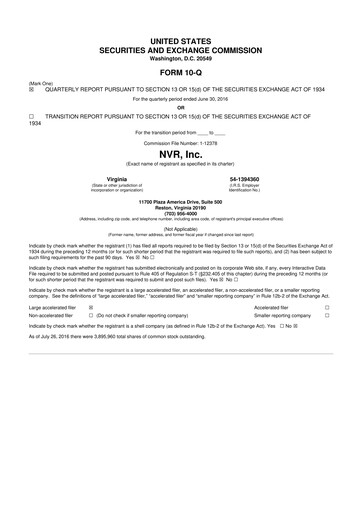 Vorschaubild NVR 10-Q Quartalsbericht 2016 