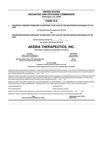 Vorschaubild Akebia Therapeutics 10-Q Quartalsbericht 2016 