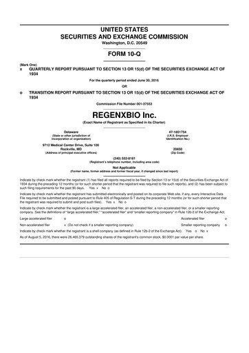 Miniature REGENXBIO 10-Q Rapport trimestriel  