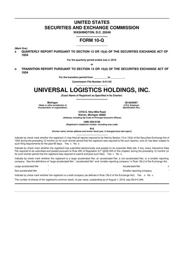 Thumbnail Universal Logistics Holdings 10-Q Quarterly Report FY2016 