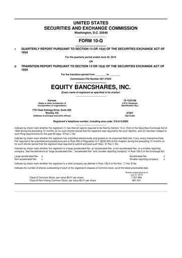 Thumbnail Equity Bancshares 10-Q Quarterly Report FY2016 