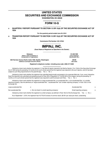 Miniature Impinj 10-Q Rapport trimestriel 2016 